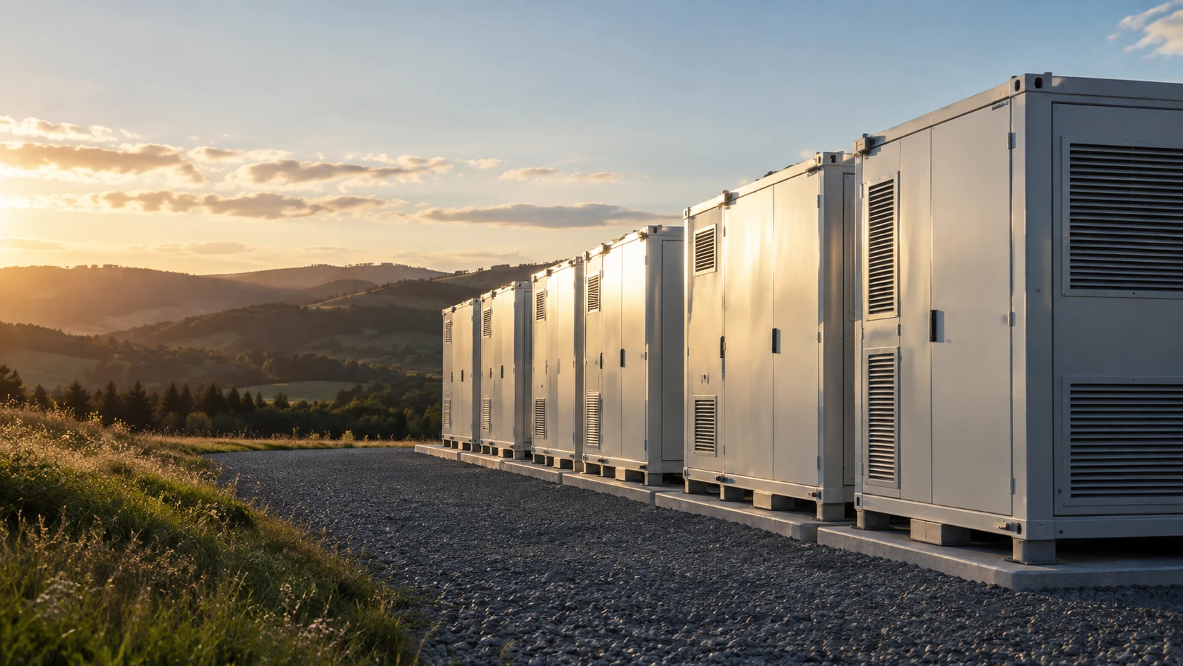 Conceptual illustration of battery energy storage cabinets in a green landscape