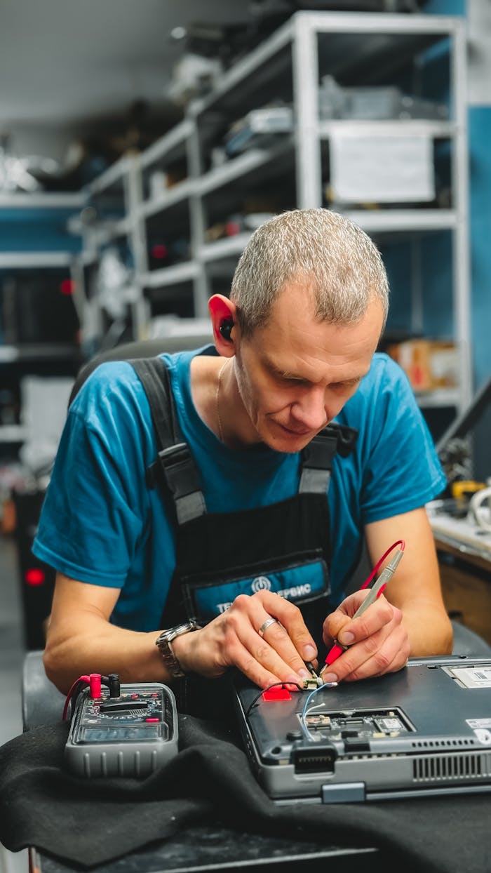 About Focused technician repairing laptop with precision in a busy workshop environment.